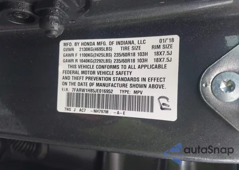 2018 Honda Cr-V Ex-L/Ex-L Navi from USA, damaged, VIN 7FARW1H85JE016952